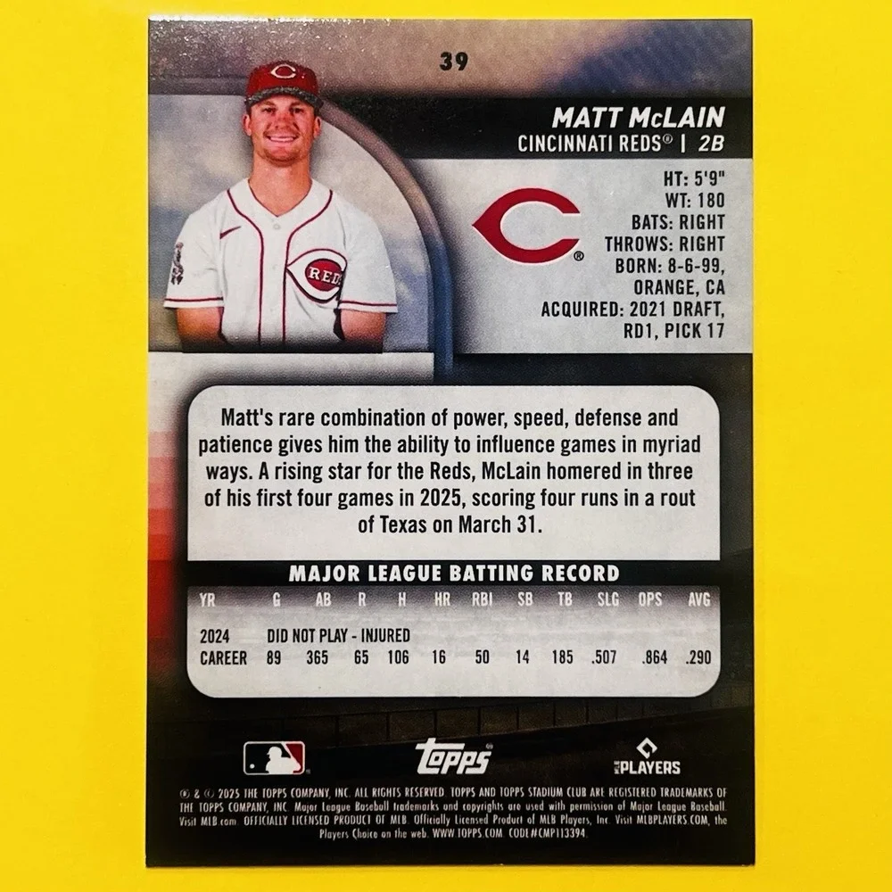 2025 Topps Stadium Club Matt McLain #39 Cincinnati Reds Base‎